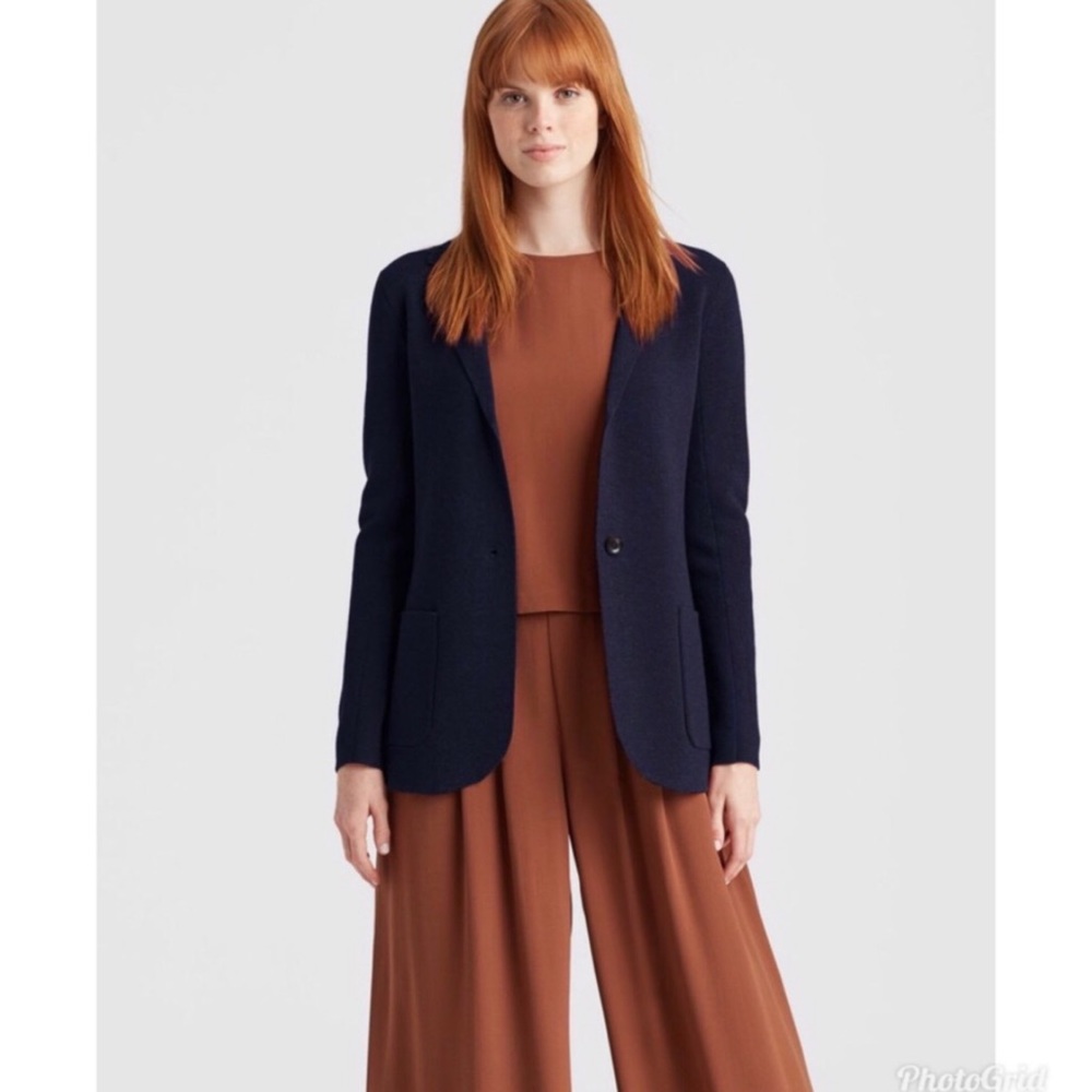 Eileen Fisher Chic 100% Merino Wool Midnight Blue Boyfriend Cardigan Blazer
